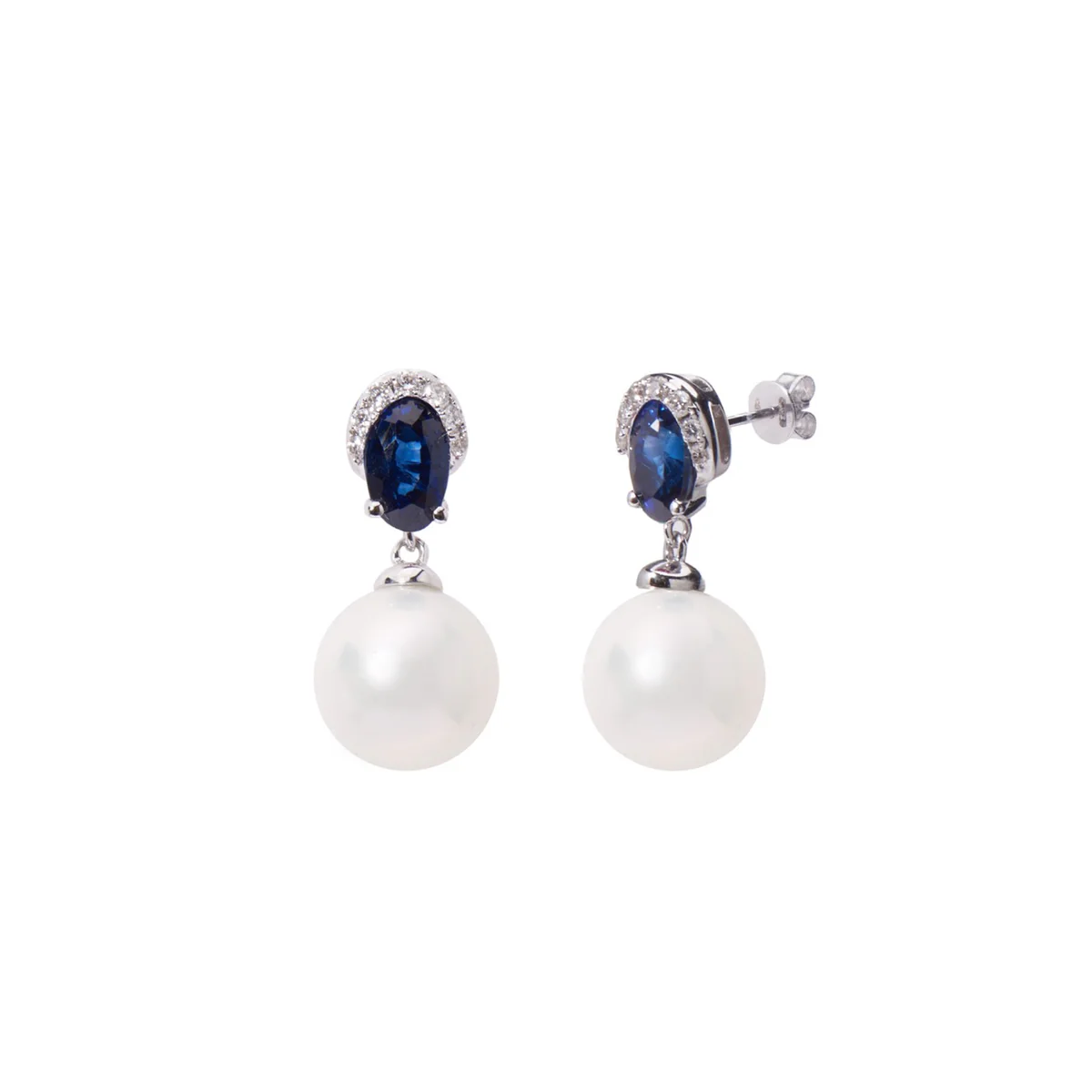 Orecchini in Oro Bianco, Diamanti, Perle Akoya e Zaffiri blu | Mimí