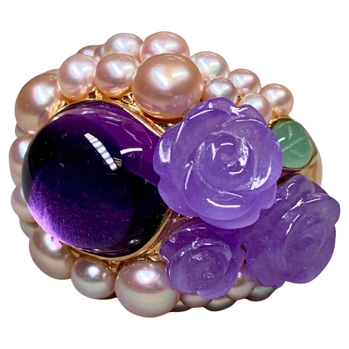 Anello da cocktail grande in oro rosa 18 carati con giada verde lavanda e perla ametista | Mimí